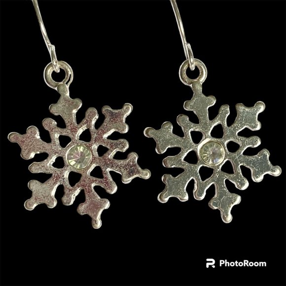 Snowflake Earrings Silver Plated AB Crystals Christmas Winter Snow Holiday X-Mas - Picture 1 of 12